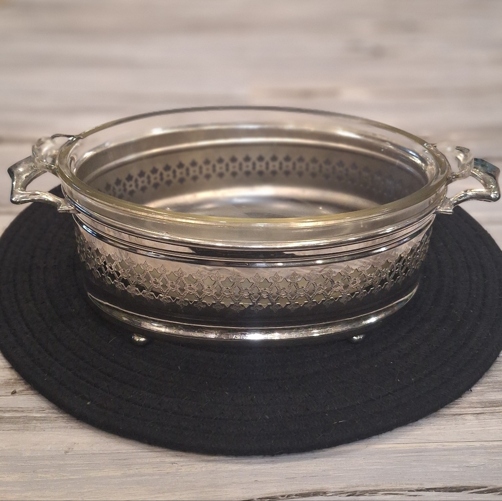 Vintage Pyrex Oval 033 With Silver Cradle , Antique Pyrex, Serveware, Bakewear